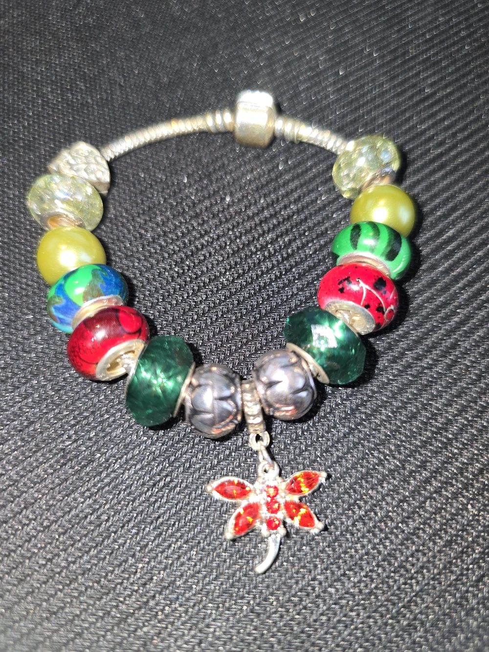 Red Dragonfly Charm Bead Bracelet with Multicolor Glass Beads, One of a Kind!